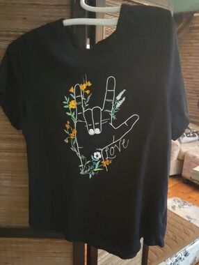 Black Tee with Floral ASL Love Graphic